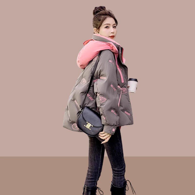 欧货撞色拼接连帽加厚羽绒棉服女
