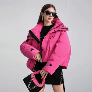玫红色派克羽绒服女小个子2025冬季宽松韩版超好看工装短款冲锋衣