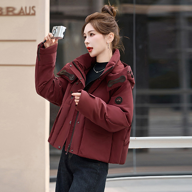 工装风玫红色连帽短款羽绒服女冬