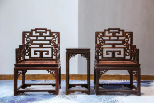 天香倾城 老挝大红酸枝福寿纹椅3件套交趾黄檀太师椅明清红木家具