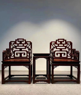 天香倾城 印度小叶紫檀福寿纹椅3件套檀香紫檀太师椅明清红木家具