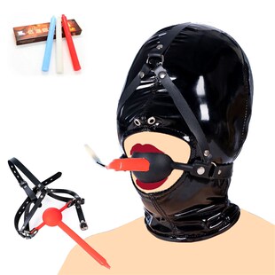 SM Leather Hood Mask of Silicone Mouth Gag with Hole For
