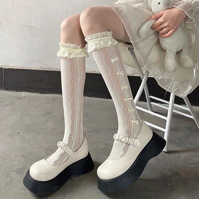 Stockings Woman Summer Thin Solid Color Bowknot Lace Middle