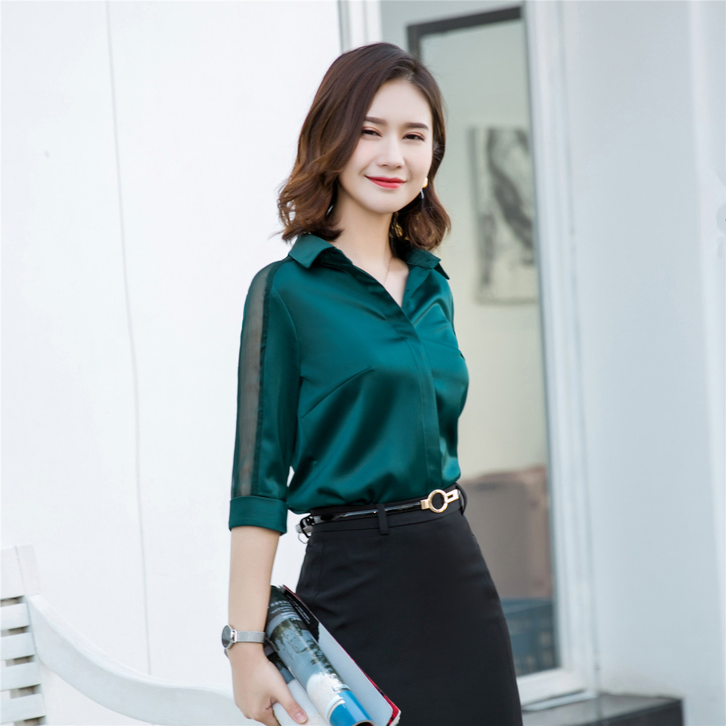 高级感缎面女士衬衫港味洋气时尚网纱中袖上衣法式宽松七分袖衬衣