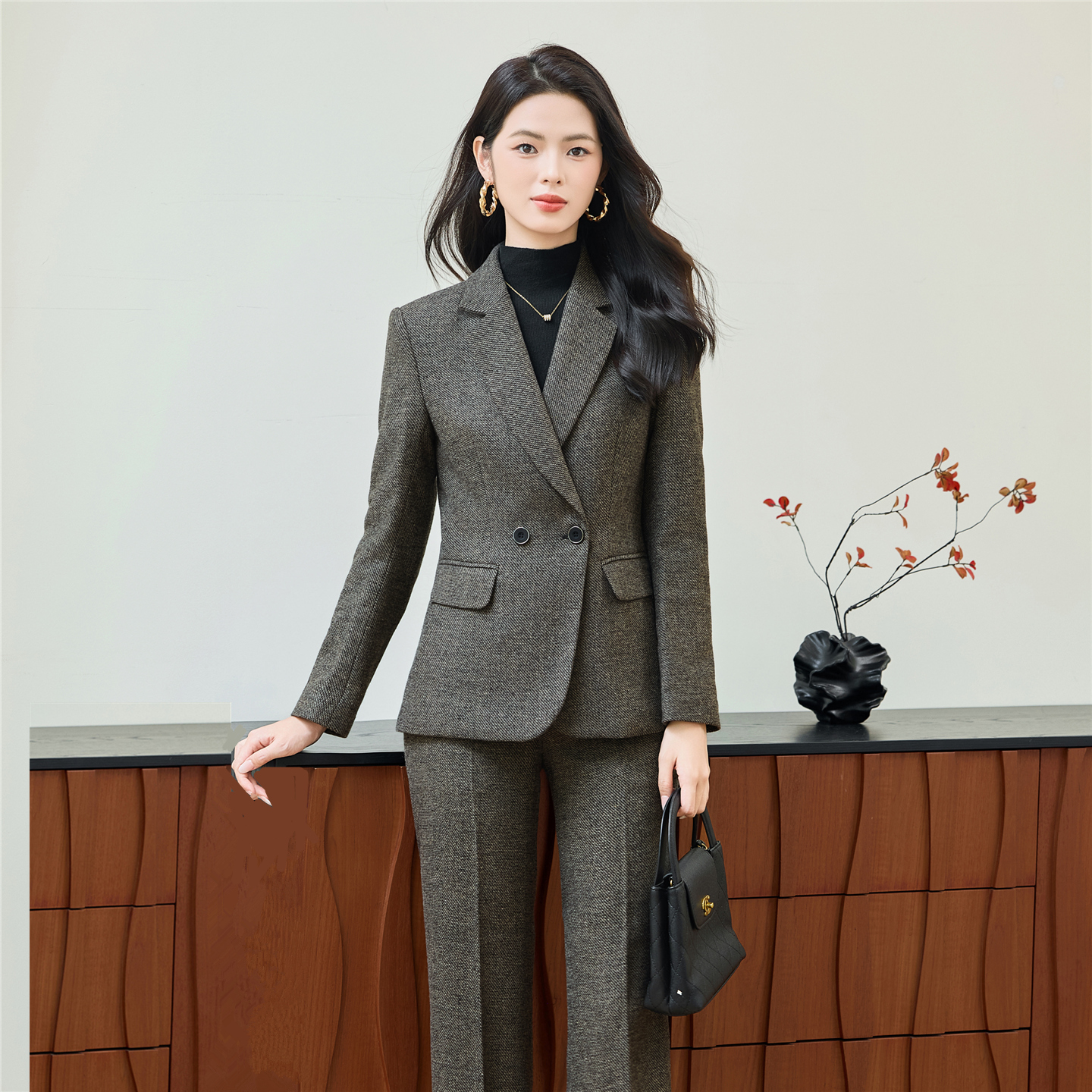 羊毛呢小西装女气质修身商务套装