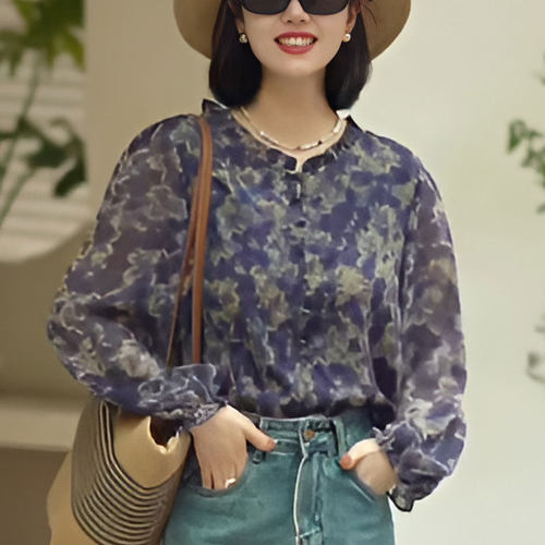 RIERA高端紫色碎花衬衫女春秋新款宽松遮肚子轻奢小衫洋气休闲长