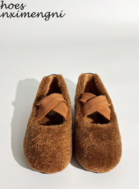 加绒交叉带芭蕾舞玛丽珍平底鞋女2025年新款毛毛鞋复古法式单鞋女