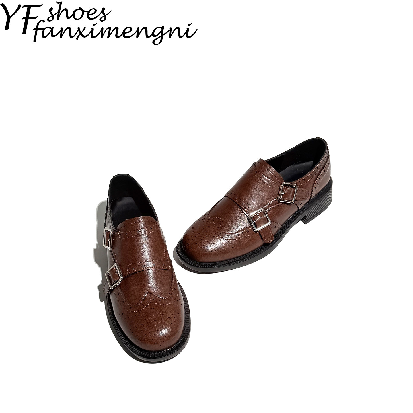 复古雕花布洛克玛丽珍金属扣一脚蹬粗跟棕色小皮鞋女英伦风乐福鞋