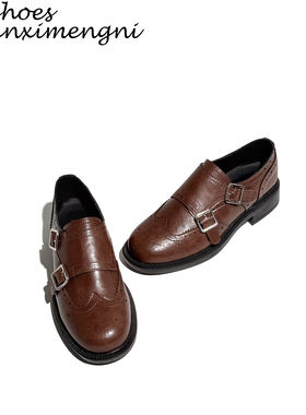 复古雕花布洛克玛丽珍金属扣一脚蹬粗跟棕色小皮鞋女英伦风乐福鞋