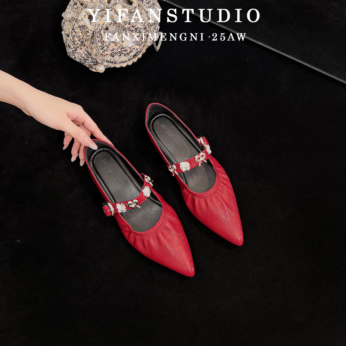 羊皮版~一字带尖头红色单鞋女2025年新款秋季水钻浅口玛丽珍女鞋