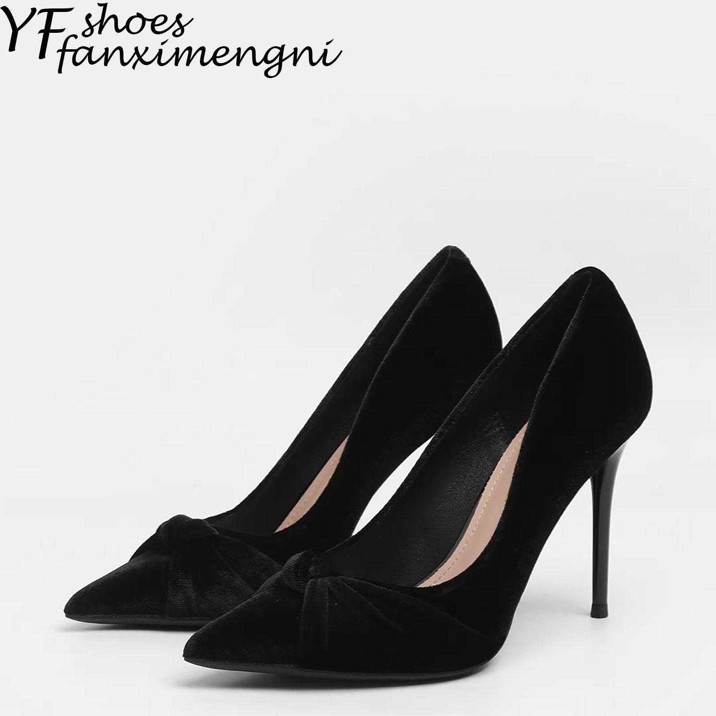 黑色金丝绒细跟尖头高跟鞋女蝴蝶结名媛风高级感一脚蹬浅口单鞋女