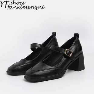 方头浅口高跟单鞋女通勤风女鞋复古软底法式玛丽珍女鞋黑色小皮鞋