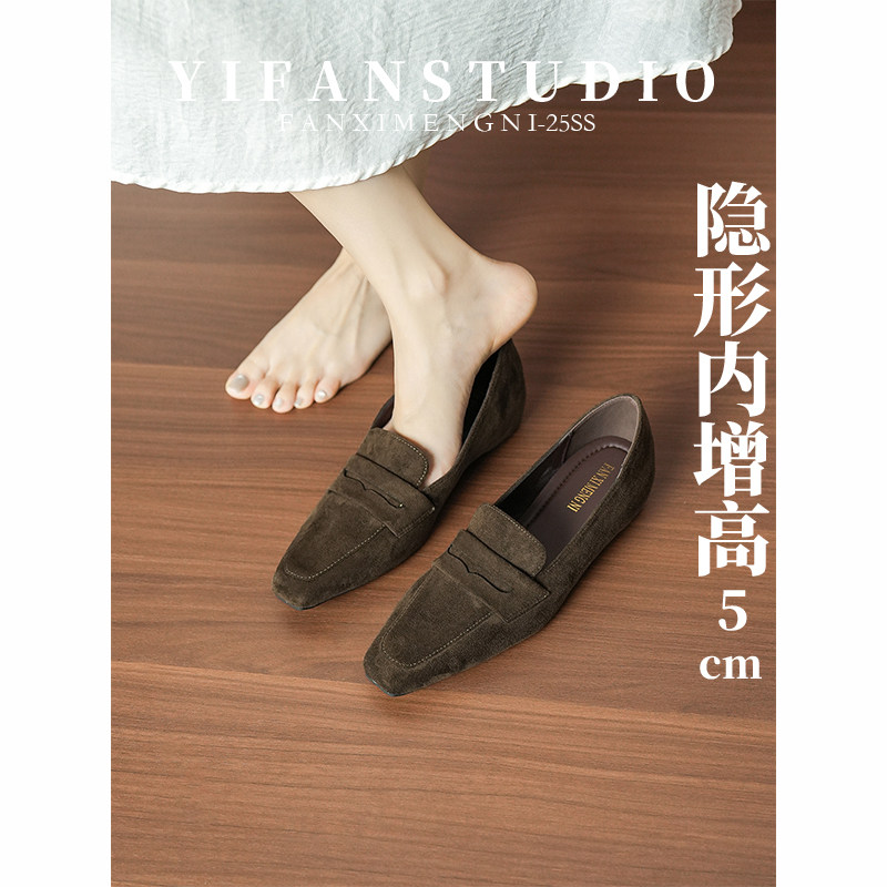 羊皮版~英伦反绒皮乐福鞋女秋内增高方头浅口单鞋老钱风通勤女鞋