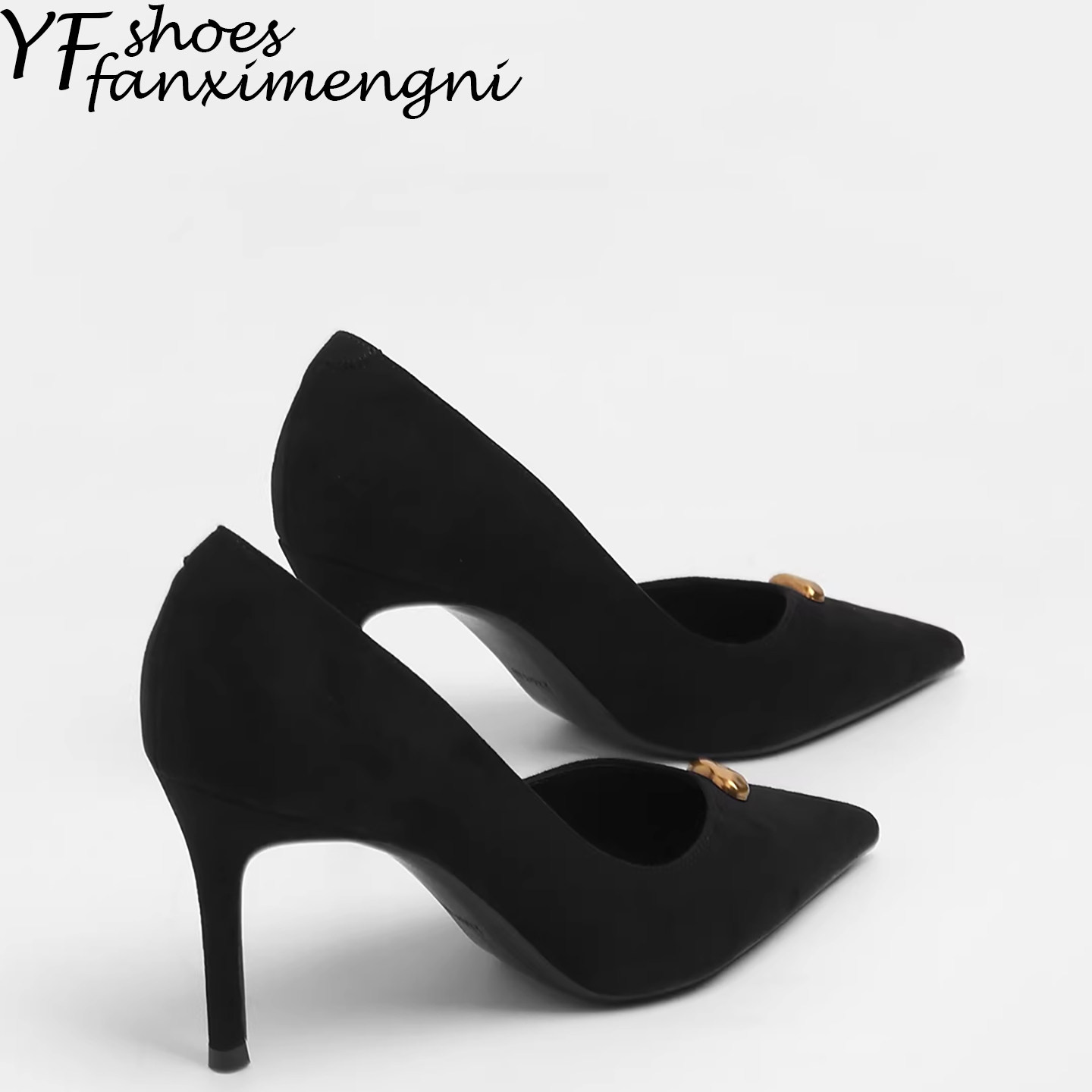 黑色金属扣尖头浅口高跟鞋女高级感气质不累脚轻奢名媛细跟单鞋女