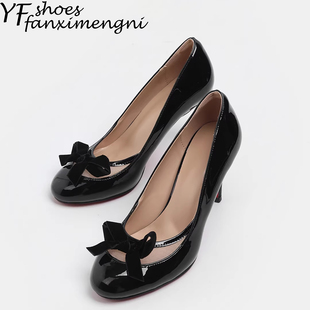 优雅风圆头漆皮蝴蝶结浅口高跟单鞋女2026新款春季细跟红底高跟鞋