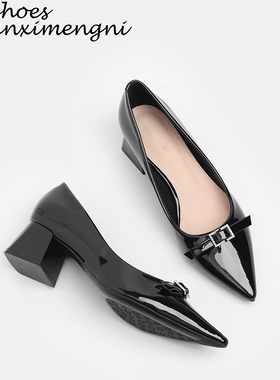 软底不磨脚通勤漆皮粗跟浅口尖头单鞋女水钻蝴蝶结法式玛丽珍女鞋