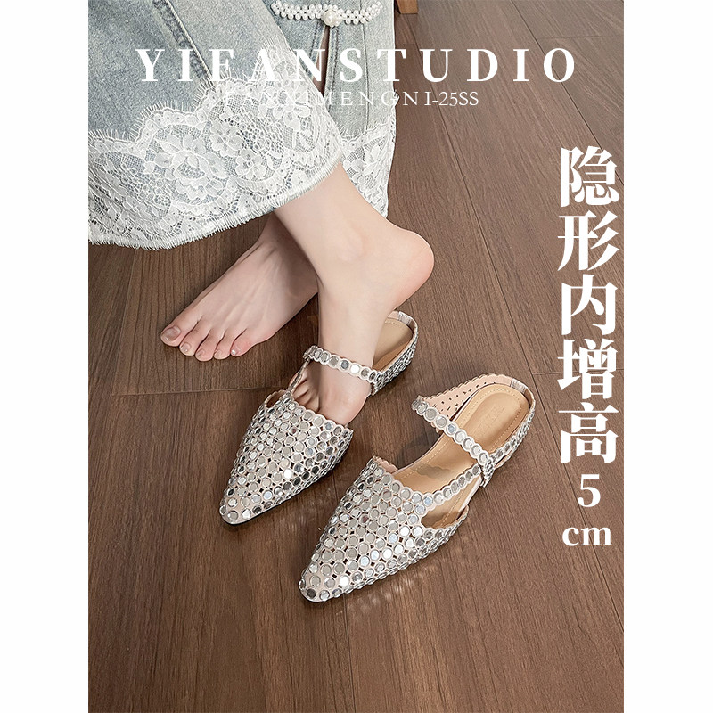 羊皮版~水钻尖头包头拖女春夏季外穿平底穆勒鞋仙女风百搭凉拖鞋