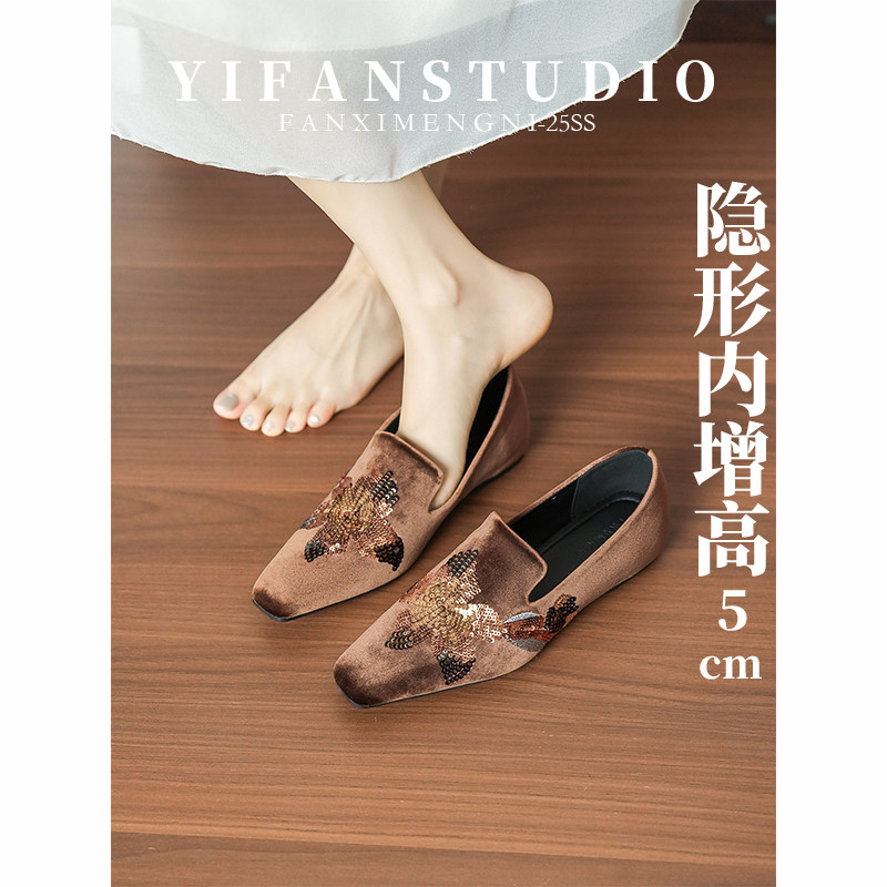 羊皮版~复古刺绣方头绒面浅口单鞋女一脚蹬内增高通勤百搭乐福鞋