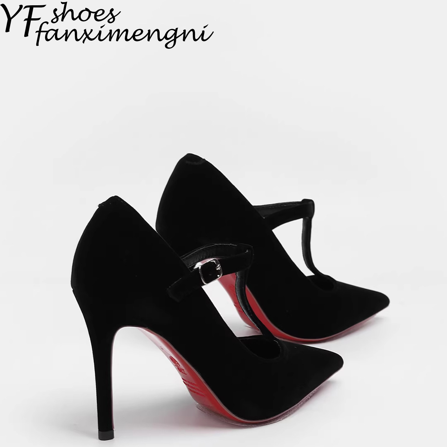 红底黑色细跟尖头高跟鞋女气质不累脚一字扣带百搭法式浅口单鞋女