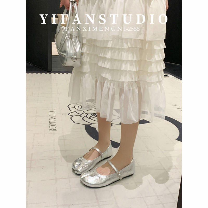 羊皮版~银色玛丽珍鞋女2026新款法式圆头平底芭蕾舞鞋配裙子单鞋