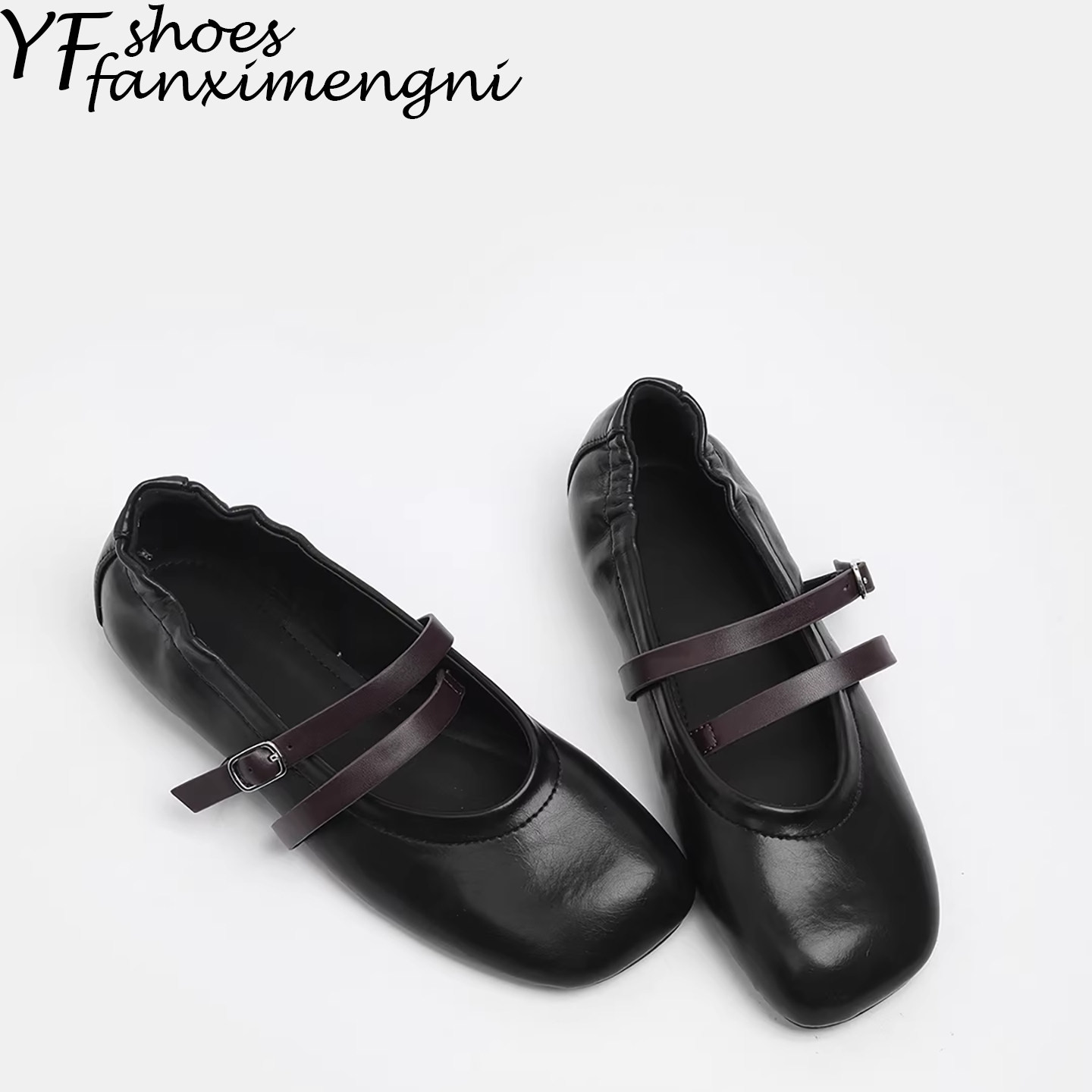 复古简约方头平底鞋黑色浅口单鞋女2026新款一字带法式玛丽珍女鞋
