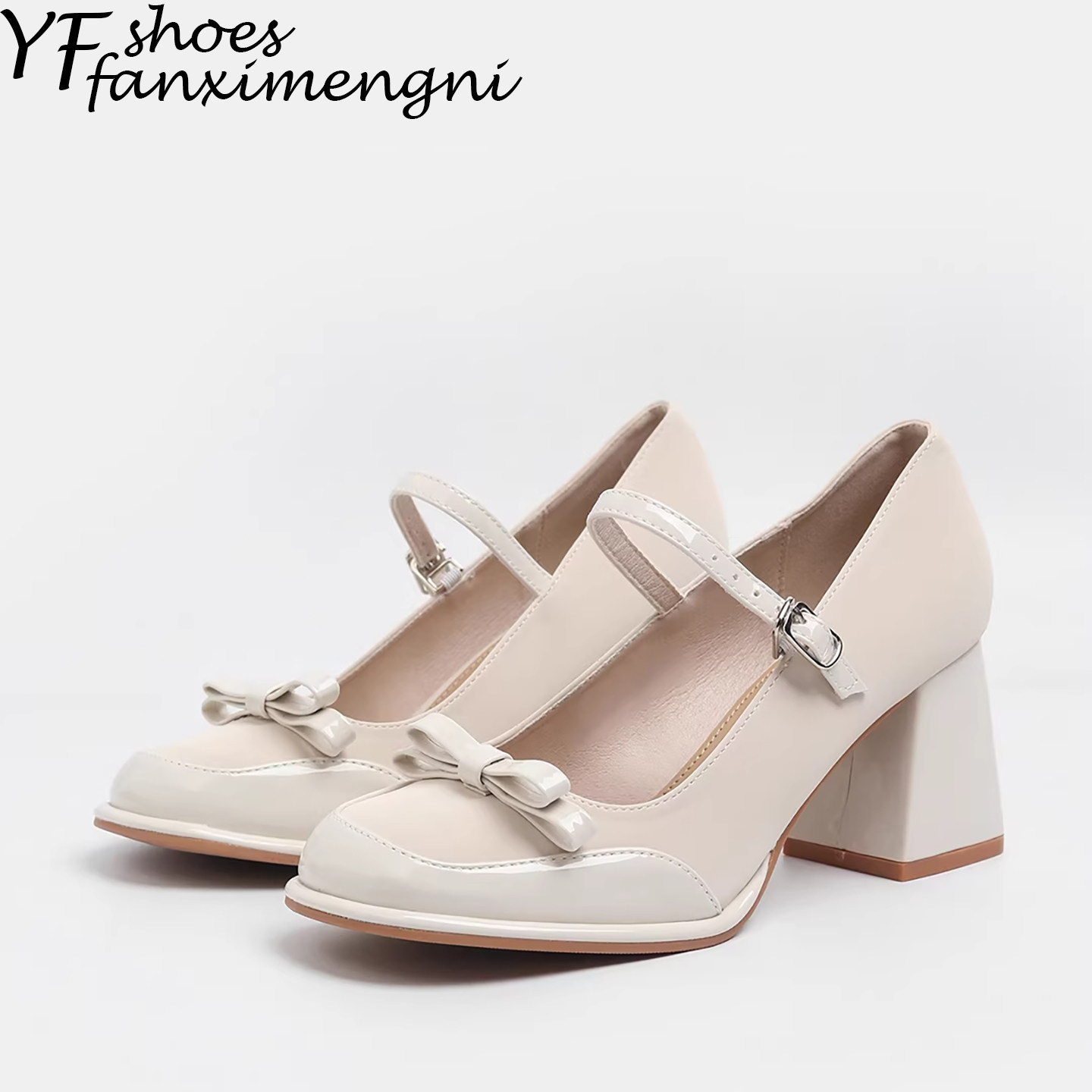 法式温柔风蝴蝶结玛丽珍鞋女圆头粗跟一字扣带高跟女鞋浅口单鞋女