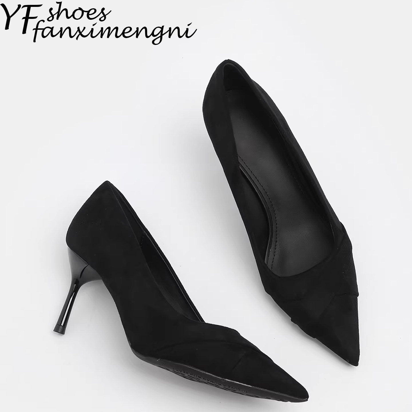 法式风黑色绒面尖头高跟鞋女细跟浅口单鞋女性感轻熟百搭通勤女鞋