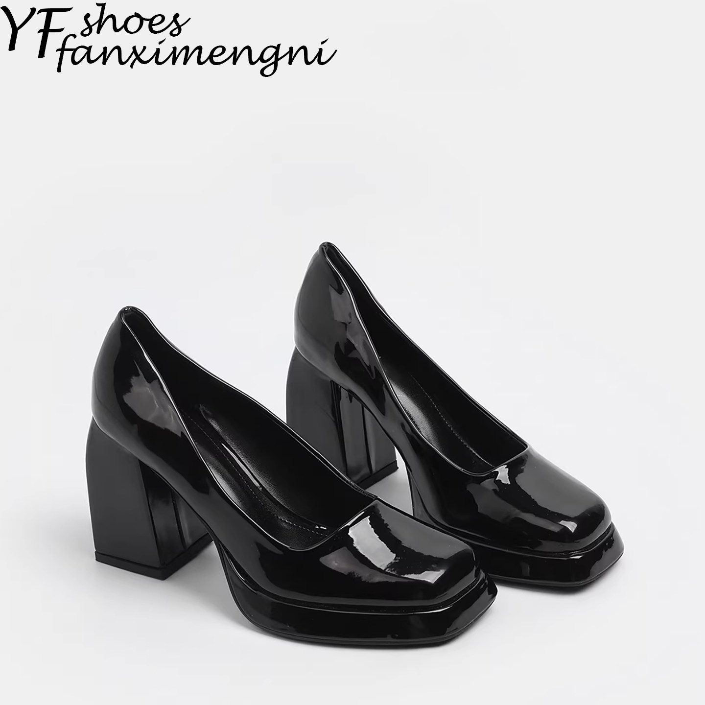 黑色漆皮粗跟浅口单鞋女2026年新款防水台方头高跟鞋女气质不累脚