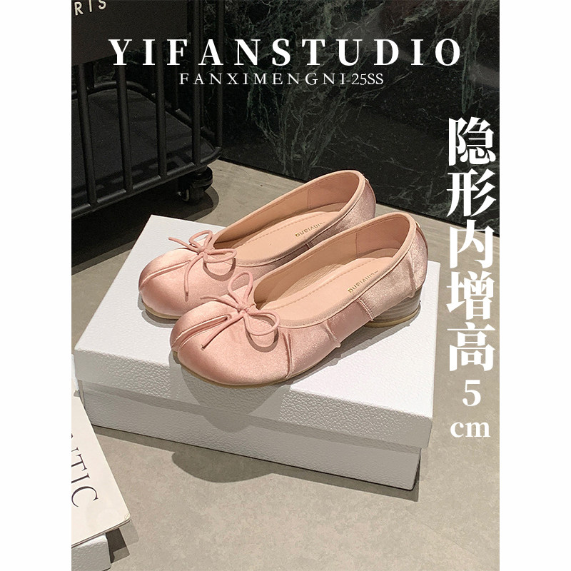 羊皮版~2026新款蝴蝶结粗跟分趾单鞋女浅口芭蕾舞鞋甜美风猪蹄鞋