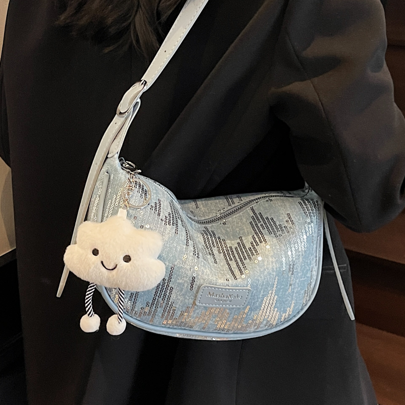 高级感洋气亮片刺绣帆布包包女夏2025新款时尚百搭休闲斜挎饺子包