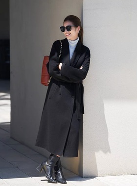 黎姿高级感气质西装领双面呢大衣女系带收腰呢子外套LLSD9002