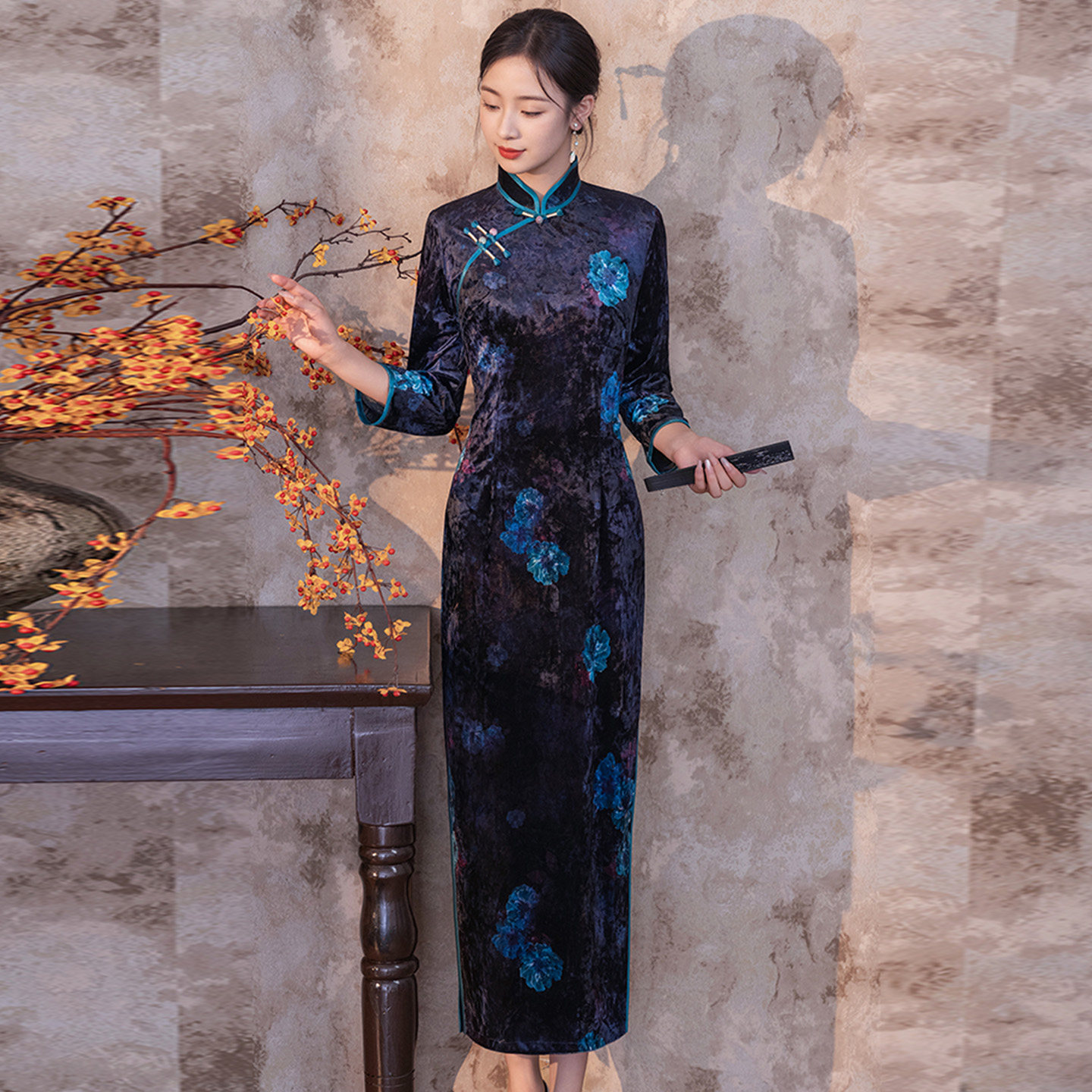 金丝绒旗袍中年女妈妈加肥加大码