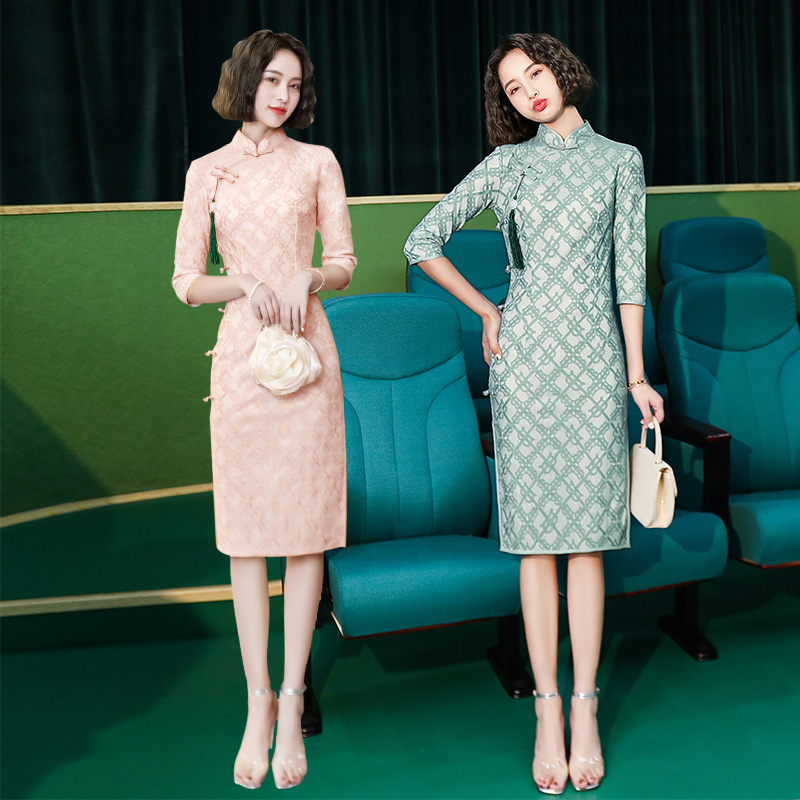 长袖千鸟格复合蕾丝春秋季旗袍裙