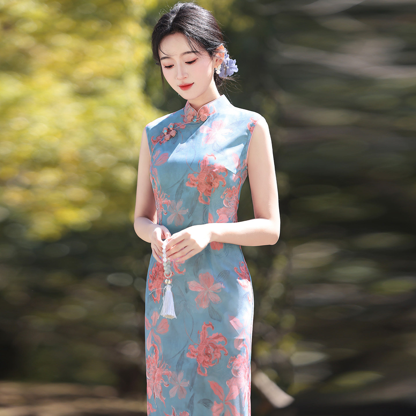 绝美弹力网纱旗袍女新中式无袖夏