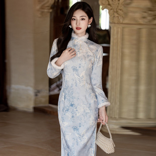 绝美新中式扎染蕾丝加绒加厚旗袍冬装2025新款年轻款女改良连衣裙