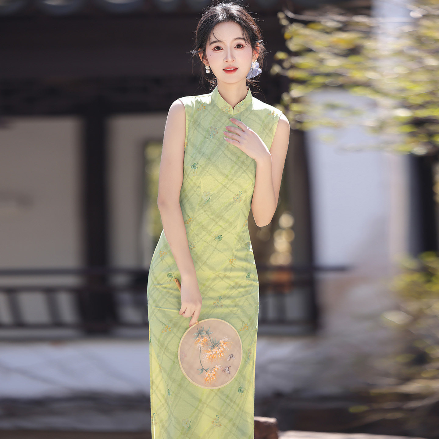 清新绿色格子无袖旗袍中长款女夏