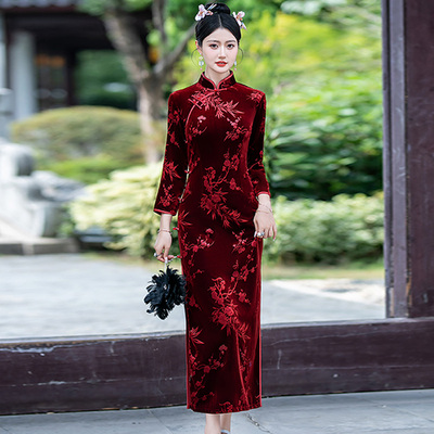 金丝绒旗袍长款长袖秋冬季妈妈装