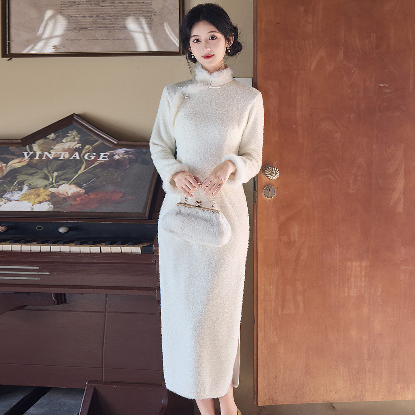 高端水貂毛超柔年轻款少女旗袍2025秋冬装新款新中式日常可穿简约