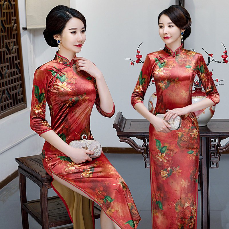 金丝绒旗袍长袖春2026年新款妈妈装婚宴礼服中国风有大码日常可穿