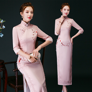 旗袍双层加厚真丝刺绣花边长款长袖春秋季年轻款少女中长款中国风