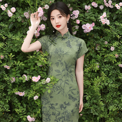 绿色长旗袍复古民国风三美缎提花