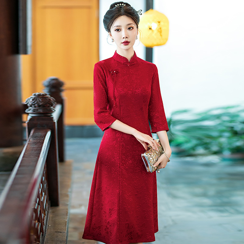 秋季新款日常弹力提花旗袍连衣裙