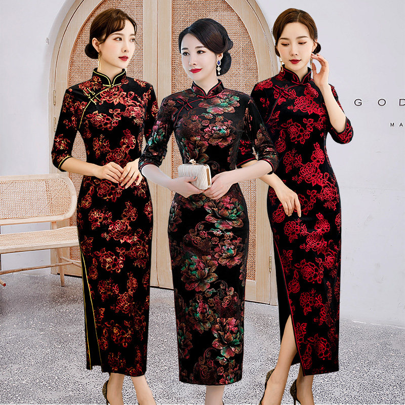 金丝绒旗袍长袖长款中老年女妈妈装大码春装2026年新款气质中国风