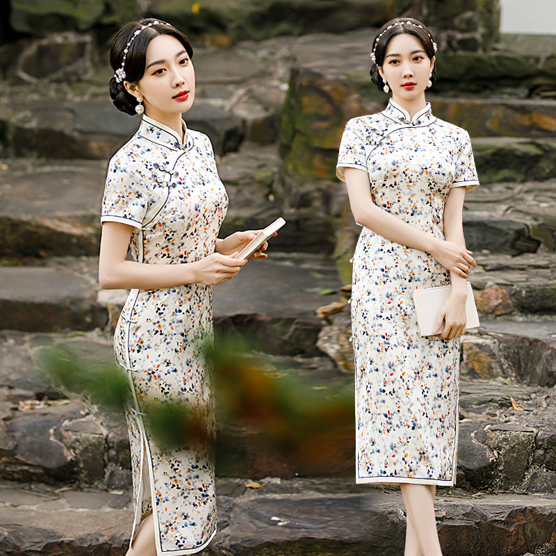 高端真丝旗袍夏季2026新款年轻款女中长款小个子改良版碎花连衣裙