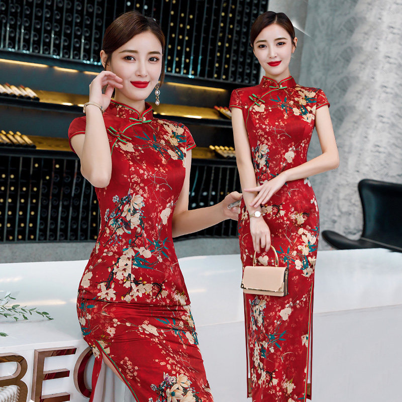 长款夏装修身复古风开叉旗袍