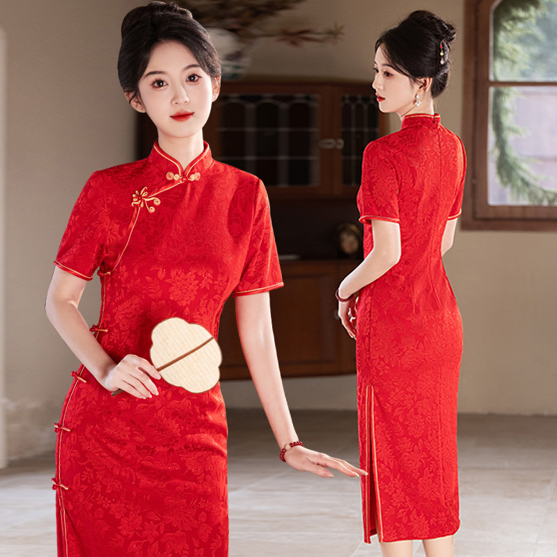 新中式蕾丝红色改良旗袍2025新款夏季年轻款小个子婚宴订婚敬酒服
