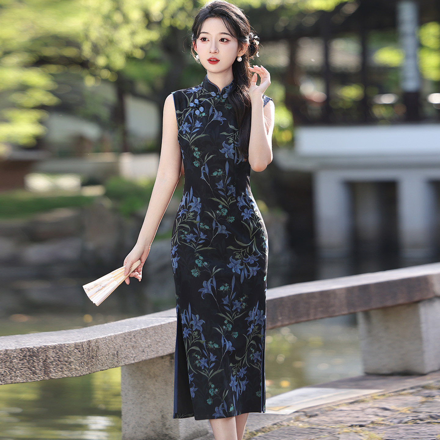 新式黑色无袖旗袍日常可穿小个子