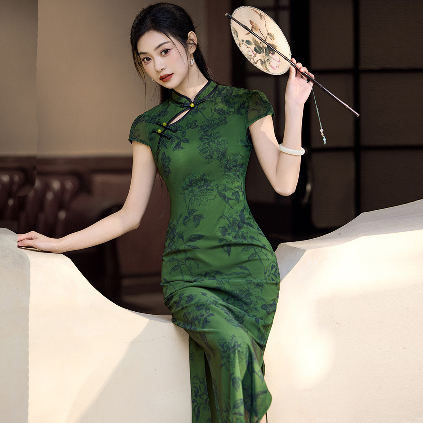 绿色新中式网纱印花镂空襟改良旗袍夏2026新款年轻款女送考中高考