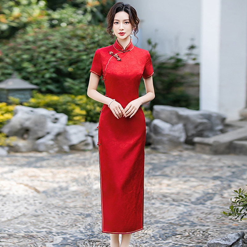 送考真丝红色旗袍桑蚕丝2026新款夏季送考喜妈妈婚宴礼服高端大气