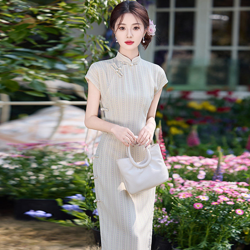 凉爽竹节麻条纹显瘦旗袍2026新款